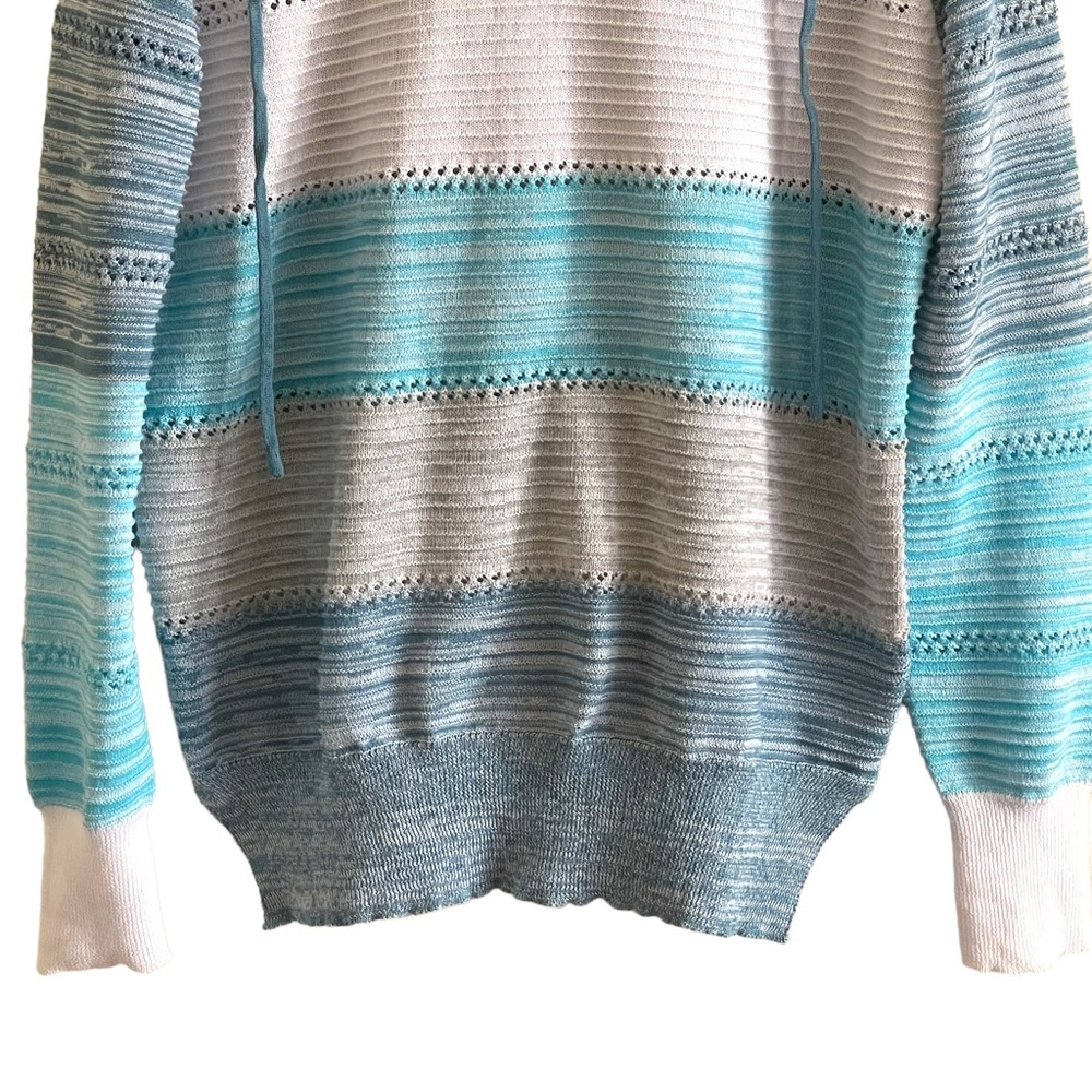 Lightweight color block blue, white & gray long sleeve striped hoodie - Picture 4 of 14
